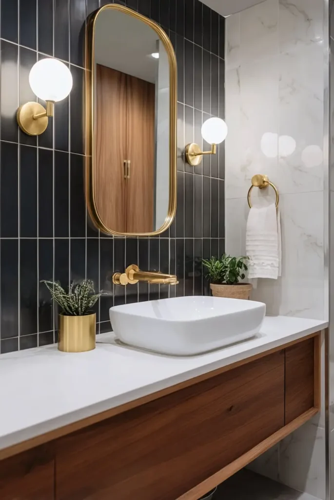 43 Mid Century Modern Small Bathroom Ideas for a Timeless Oasis (2025) 26 Floating walnut vanity with white vessel sink and black vertical tiles.