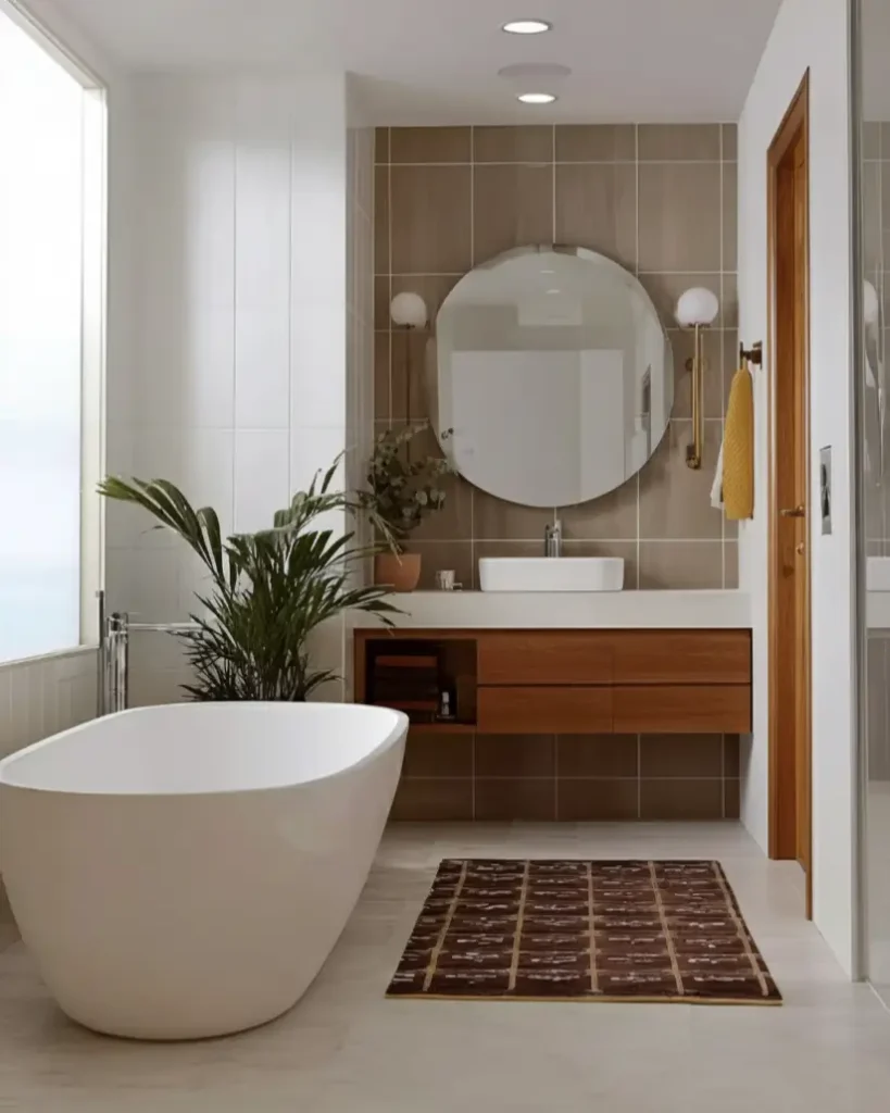 46 Scandinavian Bathroom Design Ideas for a Serene Sanctuary 26 Brown patterned runner rug in front of wood vanity and freestanding tub in a bright bathroom.