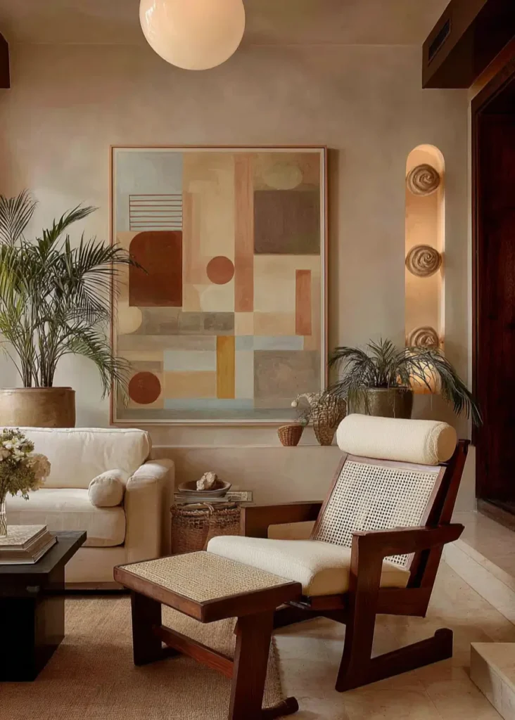 35 Scandinavian Living Room Ideas for a Cozy, Minimalist Home 26 Oversized geometric abstract art in warm earth tones in a beige Scandinavian living room with cane chair.