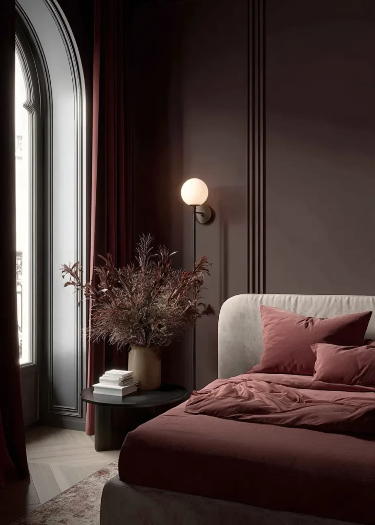 49 Headboard Design Ideas That Instantly Elevate Your Bedroom 27 Low profile burgundy velvet headboard with matching bedding and dark moody wall paneling.