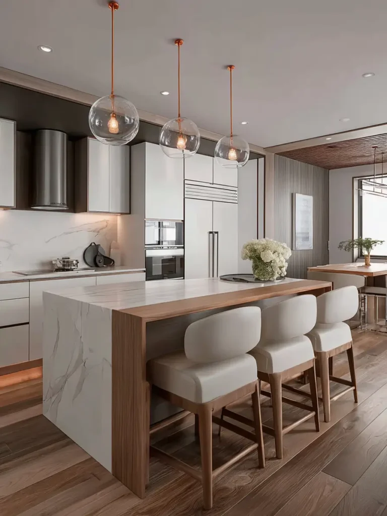 Contemporary Scandinavian kitchen with copper pendant lights and walnut breakfast bar.