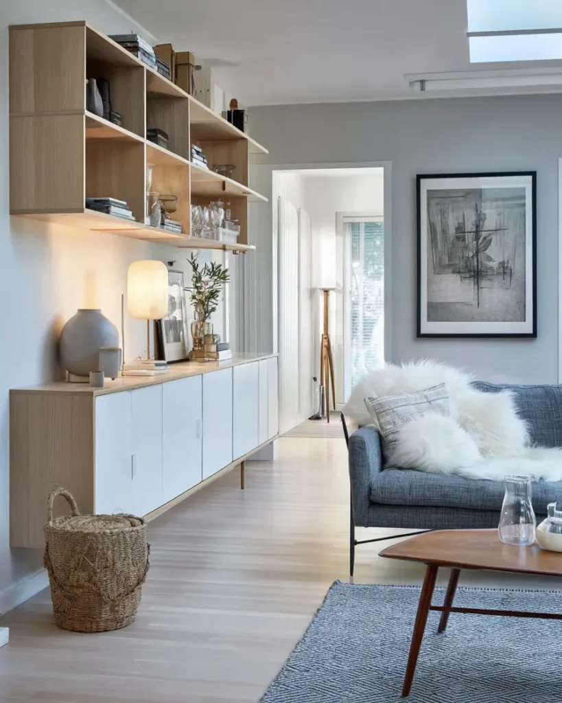 A contemporary Scandinavian living room with a modular wall-mounted storage unit, a blue sofa, and light wood floors.