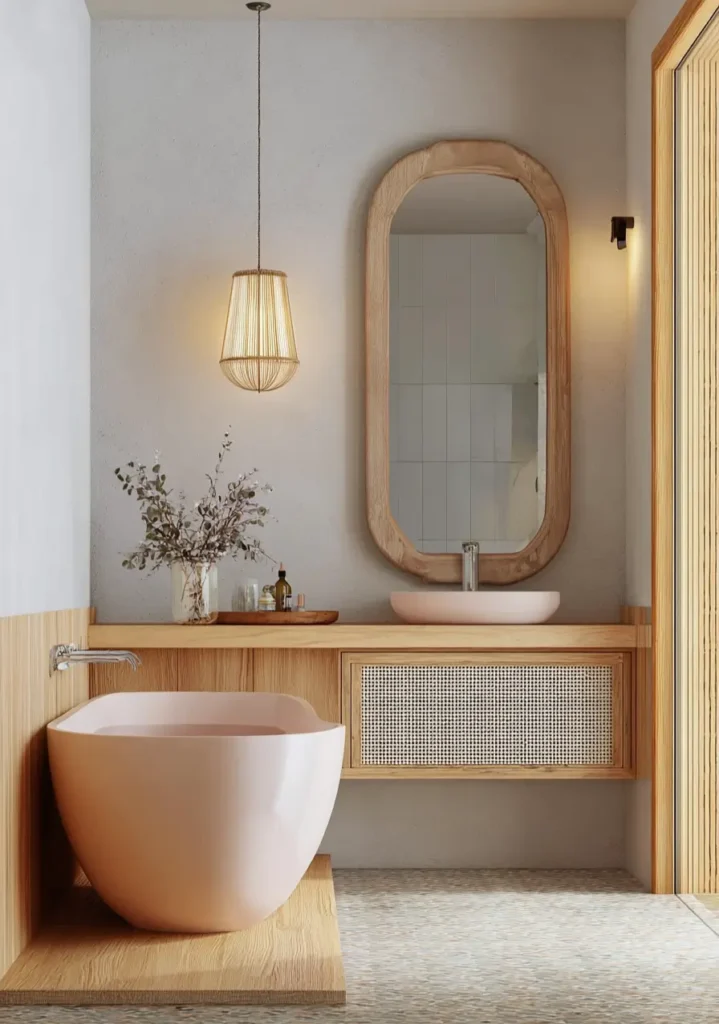 46 Scandinavian Bathroom Design Ideas for a Serene Sanctuary 27 Pink freestanding tub and matching vessel sink in a Japandi style bathroom with wood vanity.
