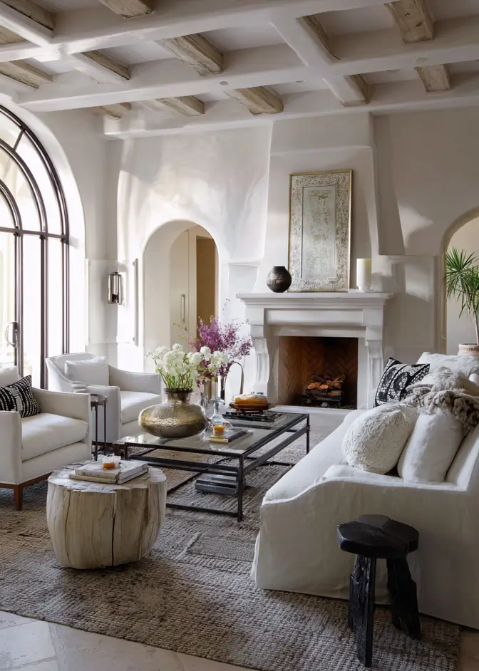 46 Modern Mediterranean Living Room Design Ideas 27 Mediterranean living room decor featuring white linen sofas and organic tree stump table.