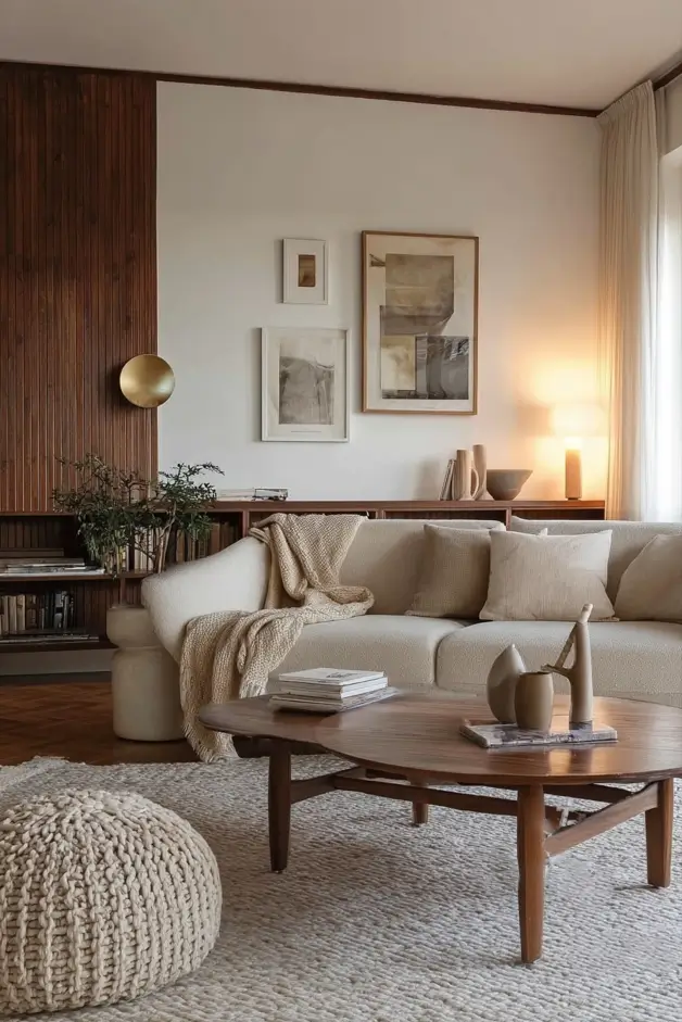 35 Scandinavian Living Room Ideas for a Cozy, Minimalist Home 27 Rich dark wood wall paneling behind a cream boucle sofa in a mid-century modern Scandinavian living room.