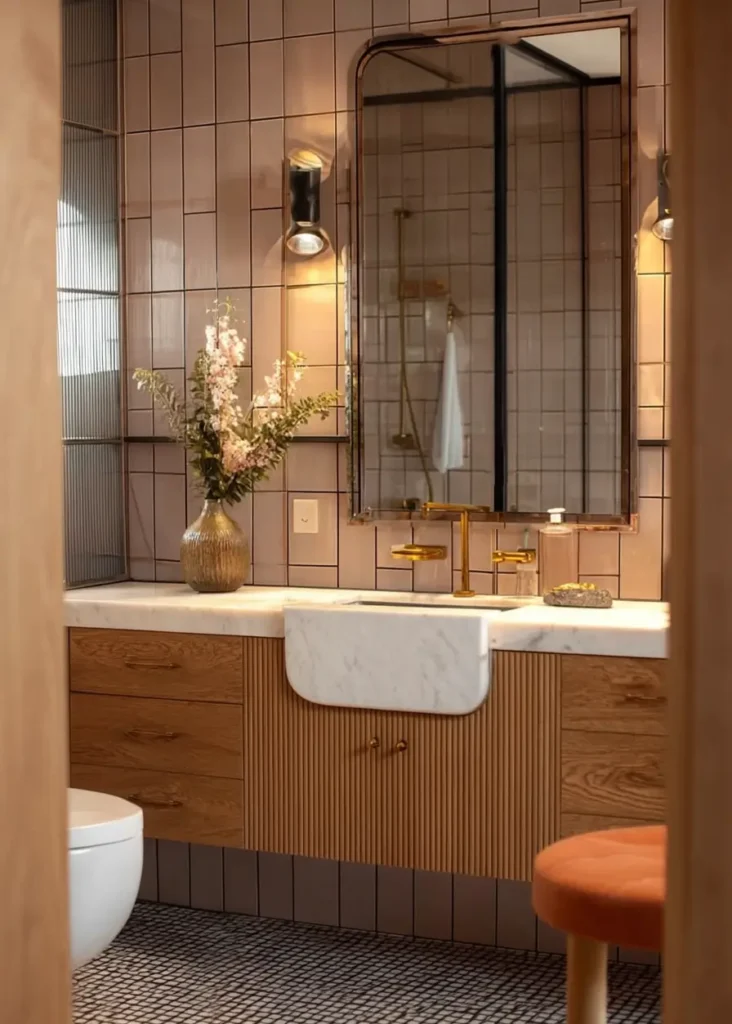 43 Mid Century Modern Small Bathroom Ideas for a Timeless Oasis (2025) 27 Fluted oak vanity with marble top and mauve reflective tiles in a luxurious retro bathroom.