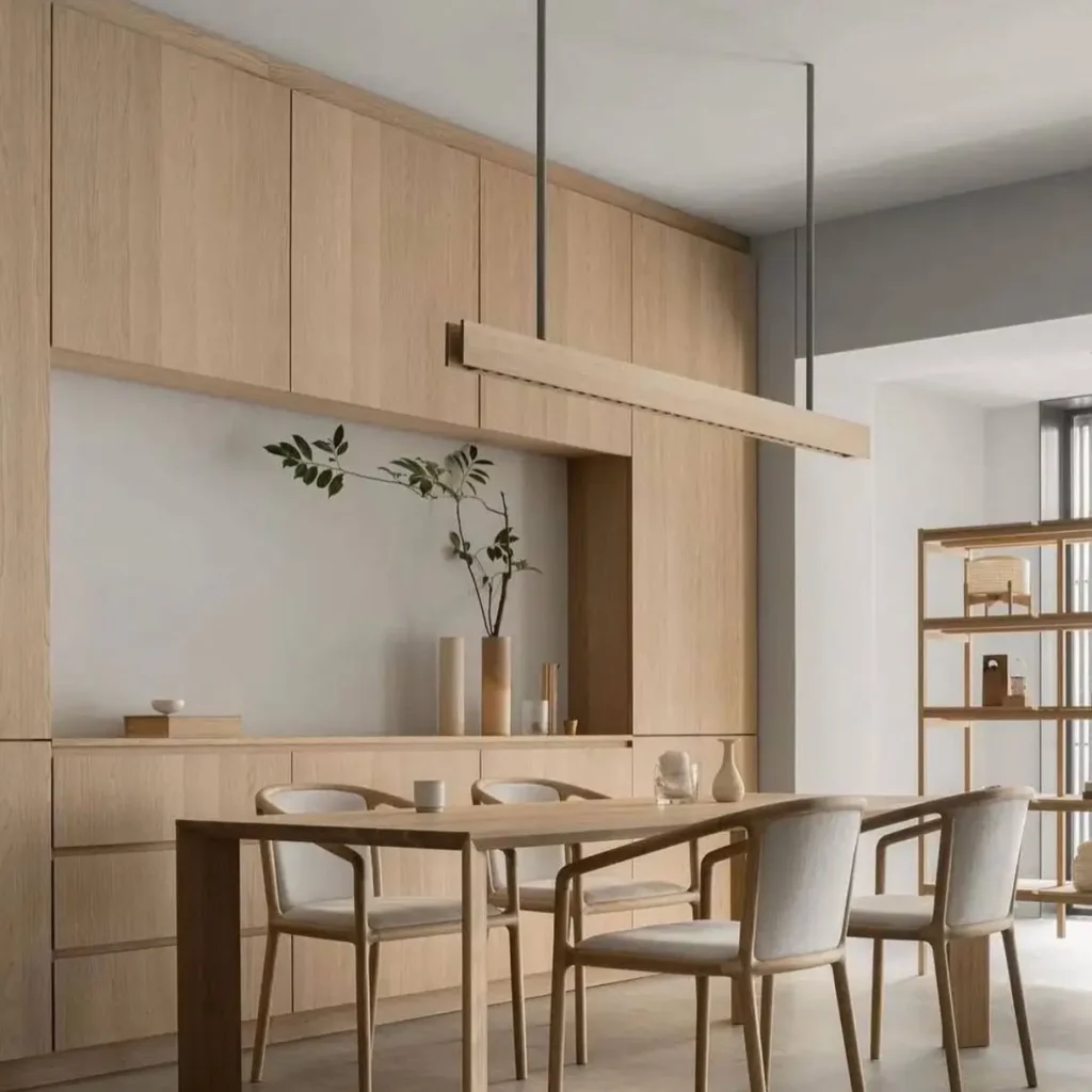 A Japandi dining room with seamless light oak cabinetry, a matching wood table, and a linear pendant light.