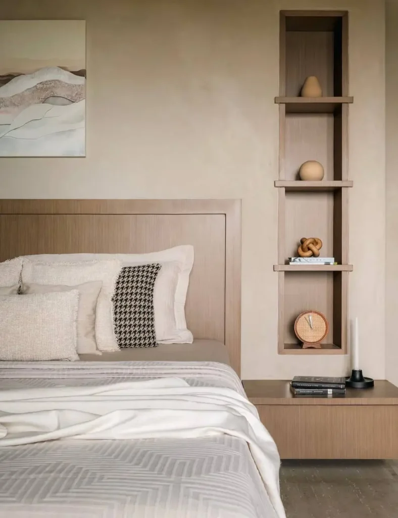 A modern Japanese-style bedroom with a wood-paneled headboard, built-in shelving, and neutral bedding.