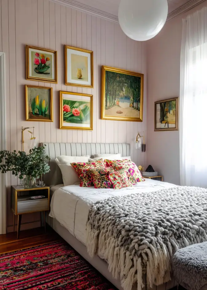 47 Scandinavian Bedroom Interior Design Ideas for a Serene Retreat 27 A Scandinavian design bedroom featuring pink paneled walls, a gallery of gold-framed art, and a chunky grey knit throw.