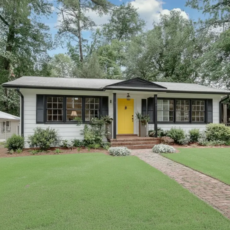 A white modern ranch home with black window frames and a bright yellow front door.