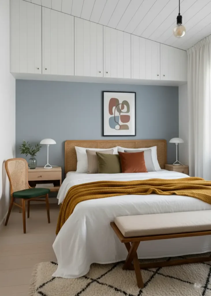 A contemporary Scandinavian bedroom with a blue accent wall, white overhead cabinets, and a bed with mustard and rust pillows.