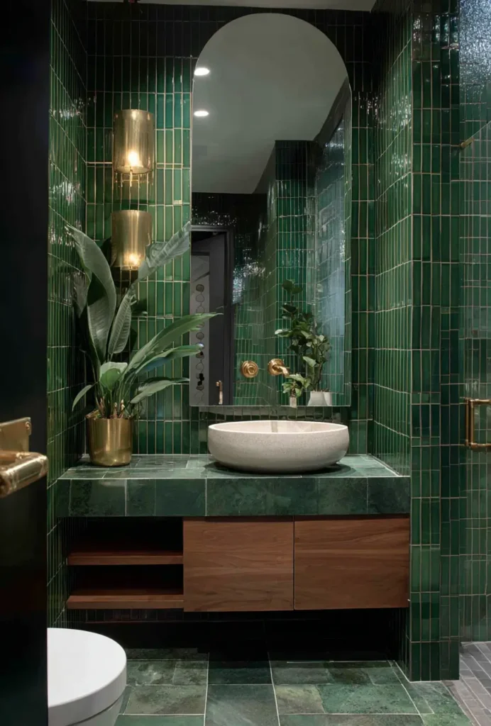 Moody bathroom with glossy emerald green vertical tiles, a dark marble counter, and brass light fixtures.