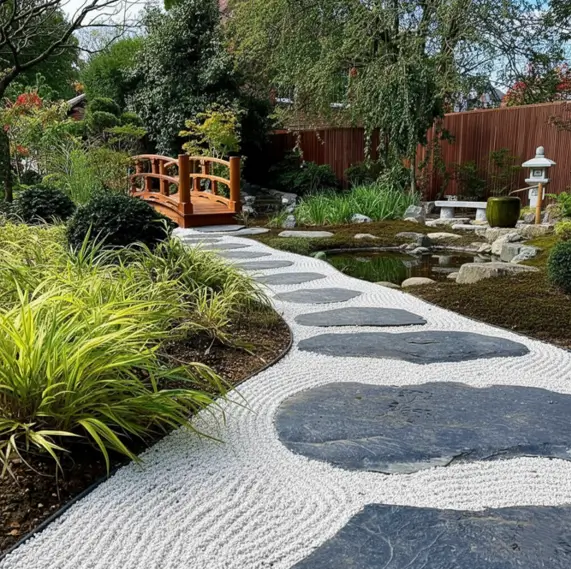 Blended Japanese garden design with a raked gravel path, slate stones, and a wooden bridge.