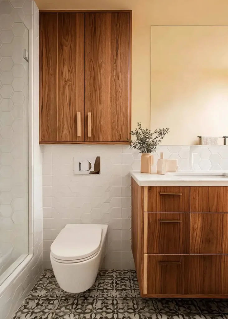 43 Mid Century Modern Small Bathroom Ideas for a Timeless Oasis (2025) 28 Walnut cabinets with white hexagonal wall tiles and patterned floor in a mid-century inspired bathroom.