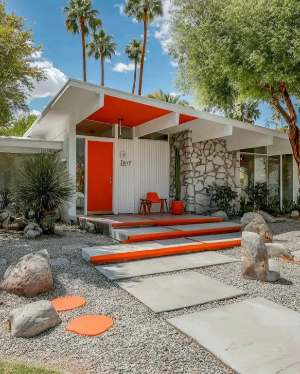 37 Mid Century Modern House Exteriors to Inspire Your Renovation 28 A mid century modern house exterior with bright orange accents on the door, ceiling, and steps, paired with a white stone wall.