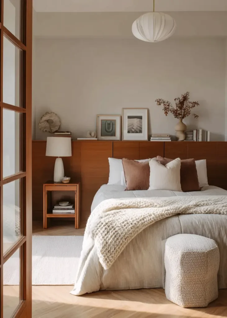 47 Scandinavian Bedroom Interior Design Ideas for a Serene Retreat 28 A minimalist Scandinavian bedroom with a wide wood headboard ledge, earthy terracotta pillows, and a cream knit blanket.