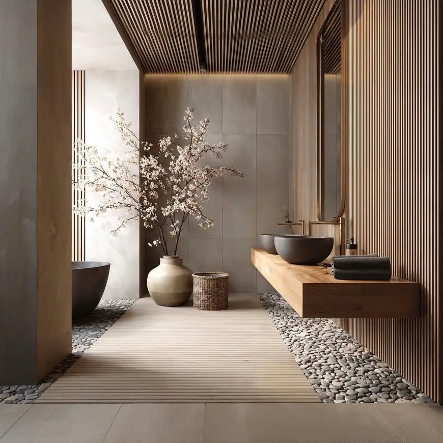 A Japandi spa bathroom with vertical wood slats, a floating vanity, stone sinks, and a river pebble border.