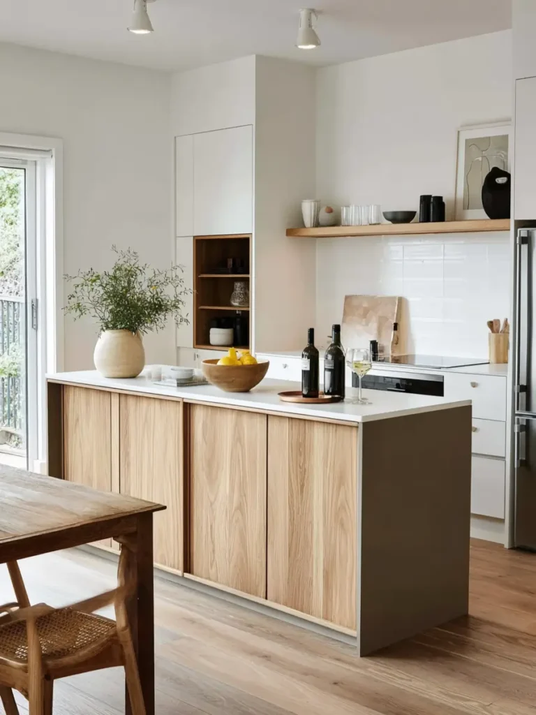 Scandinavian kitchen ideas featuring oak island with grey accents and open shelves.