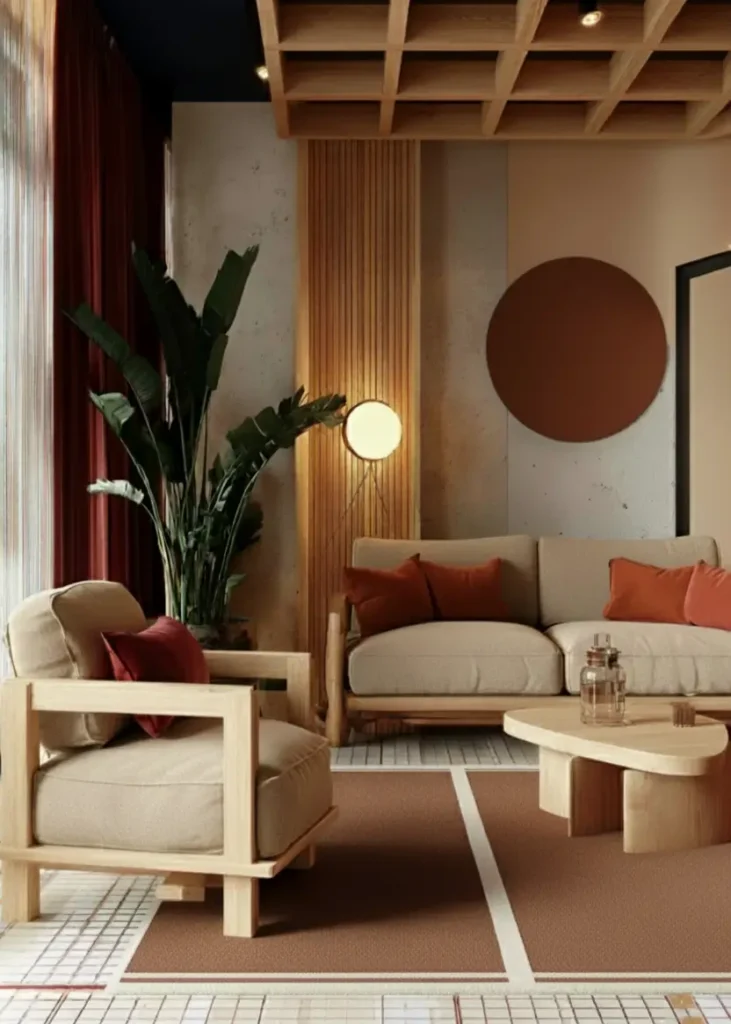 35 Scandinavian Living Room Ideas for a Cozy, Minimalist Home 28 Geometric light wood coffered ceiling design in a modern Scandinavian living room with rust accent pillows.