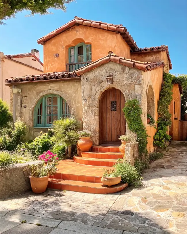 38 Small Mediterranean-Style Homes That Define Coastal Charm 28 Terracotta orange stucco small Mediterranean home featuring a stone-clad entryway and curved terracotta steps.