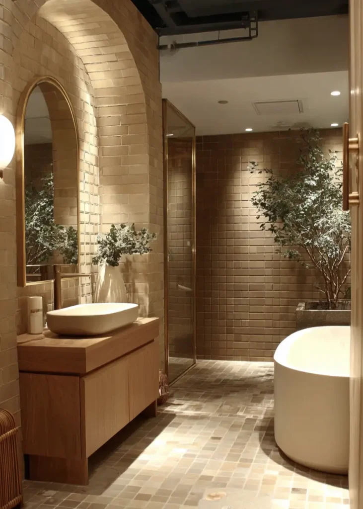 46 Scandinavian Bathroom Design Ideas for a Serene Sanctuary 28 Beige glazed brick archway with gold mirror and wood vanity in a spa-like bathroom with indoor tree.