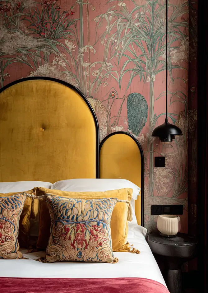 49 Headboard Design Ideas That Instantly Elevate Your Bedroom 29 Double arched mustard yellow velvet headboard against pink botanical wallpaper with black accent lighting.