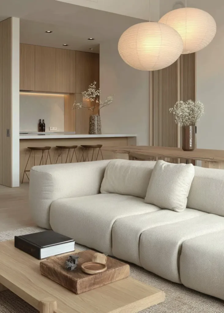 A contemporary Scandinavian living room with a cream sofa, large paper lanterns, and a light wood kitchen in the background.