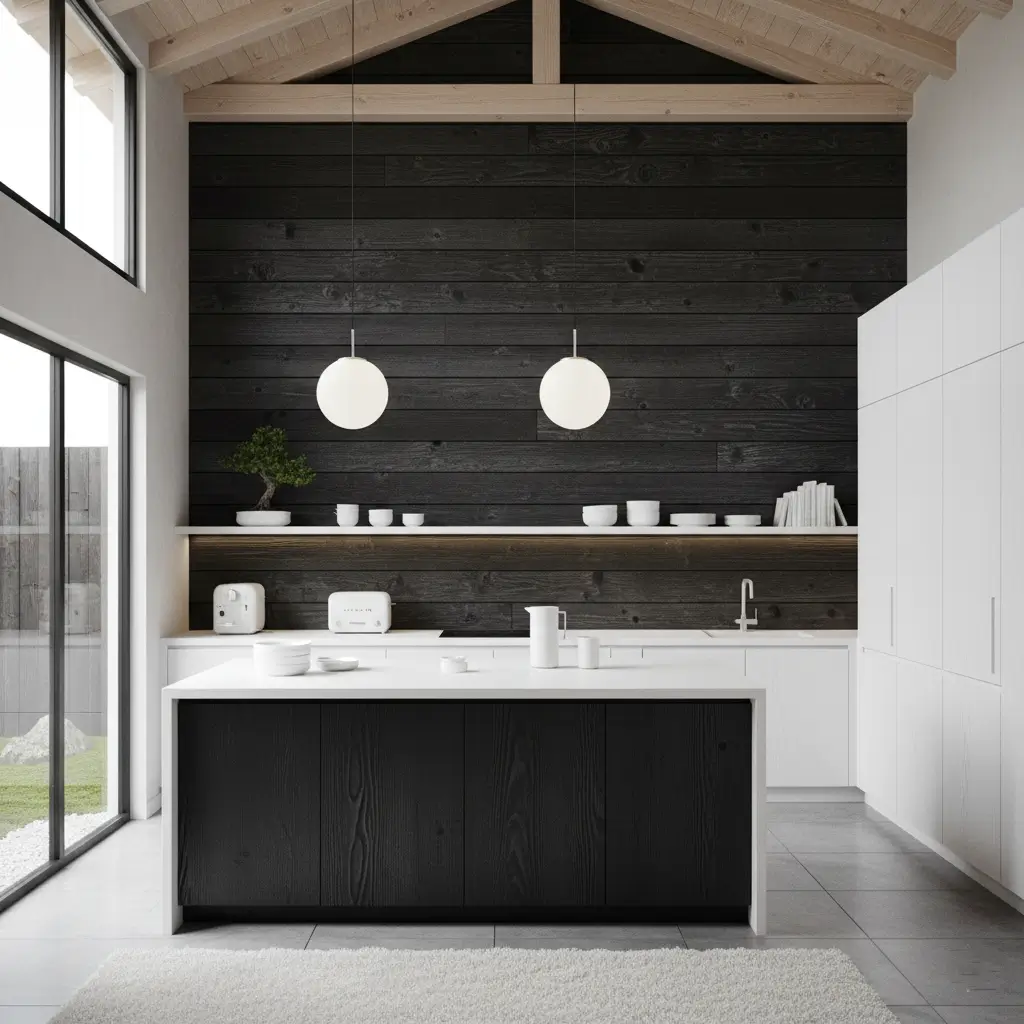 A Japanese inspired kitchen with a shou sugi ban feature wall, white island, and a light wood-beamed ceiling.