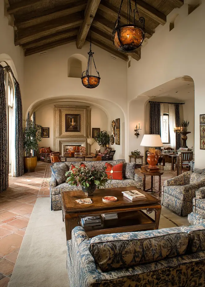 46 Modern Mediterranean Living Room Design Ideas 29 Collected Mediterranean living room with intricate blue and white patterned textiles.