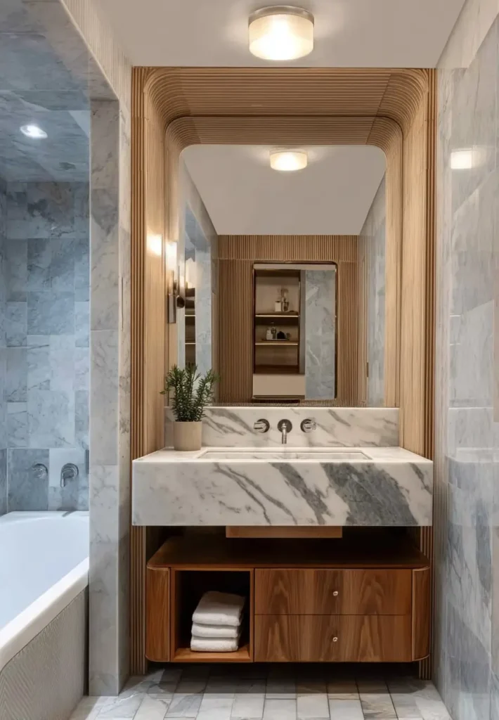 43 Mid Century Modern Small Bathroom Ideas for a Timeless Oasis (2025) 29 Thick marble vanity with reeded wood arched mirror frame in a luxury small bathroom.