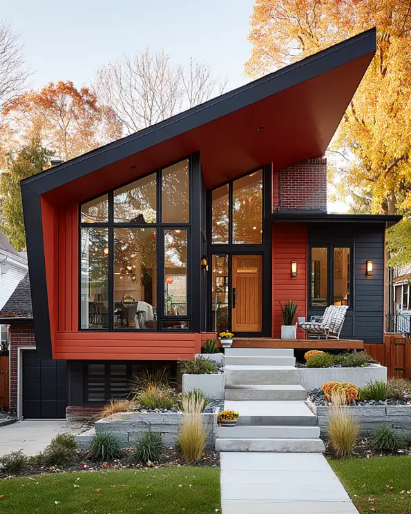 37 Mid Century Modern House Exteriors to Inspire Your Renovation 29 A mid-century modern-inspired house exterior with a dramatic angular roof and a rusty-red and black color palette.