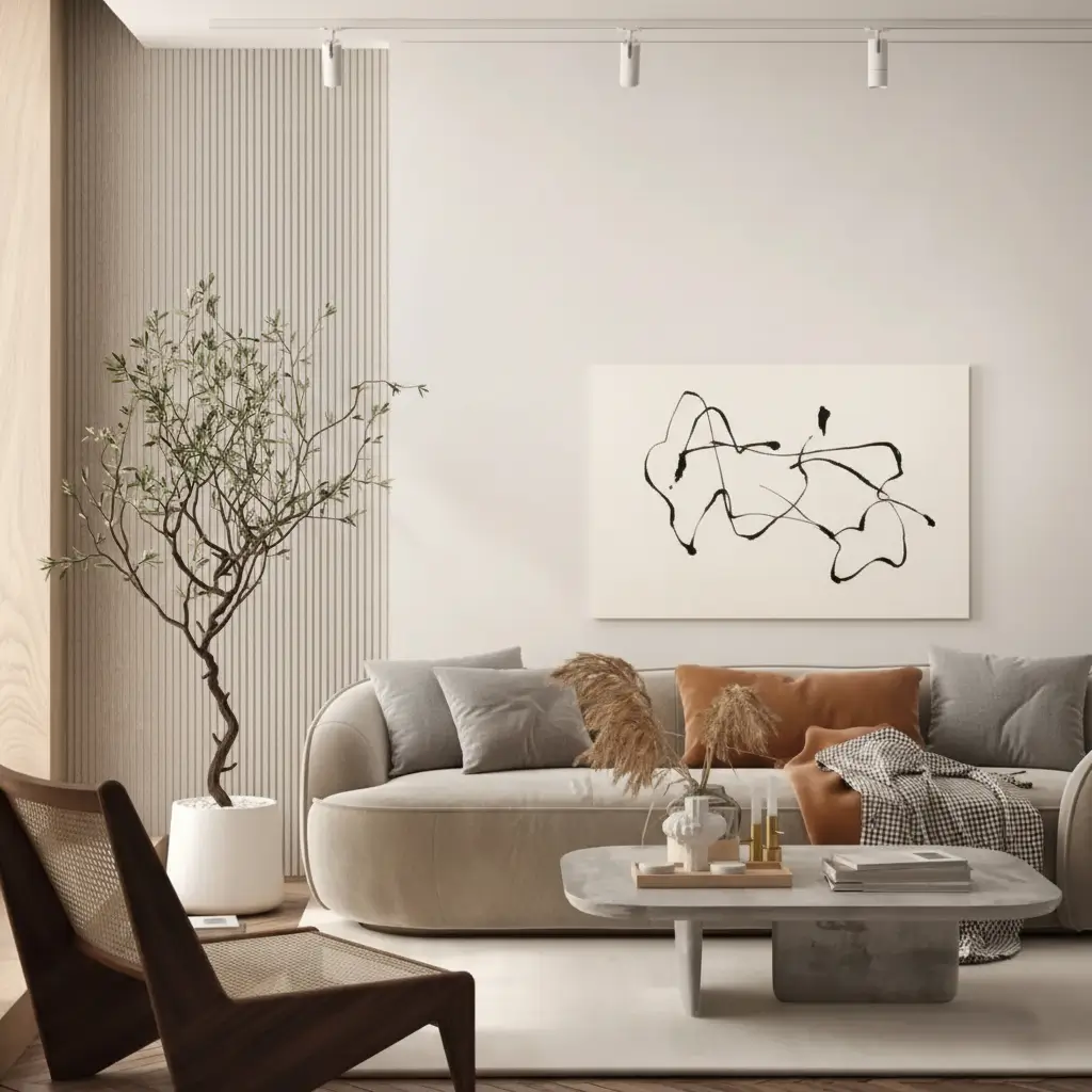 A Japandi living room with a curved sofa, readed wall panels, and a concrete coffee table.