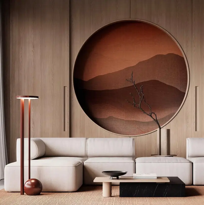 A modern Japanese-inspired living room by Ksenia Bortsova featuring the "Red mountain" circular art piece.