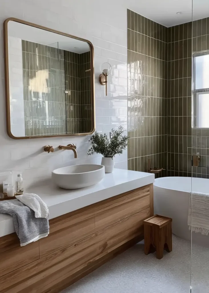 46 Scandinavian Bathroom Design Ideas for a Serene Sanctuary 29 Olive green vertical subway tiles in shower next to wood vanity with gold mirror and faucet.