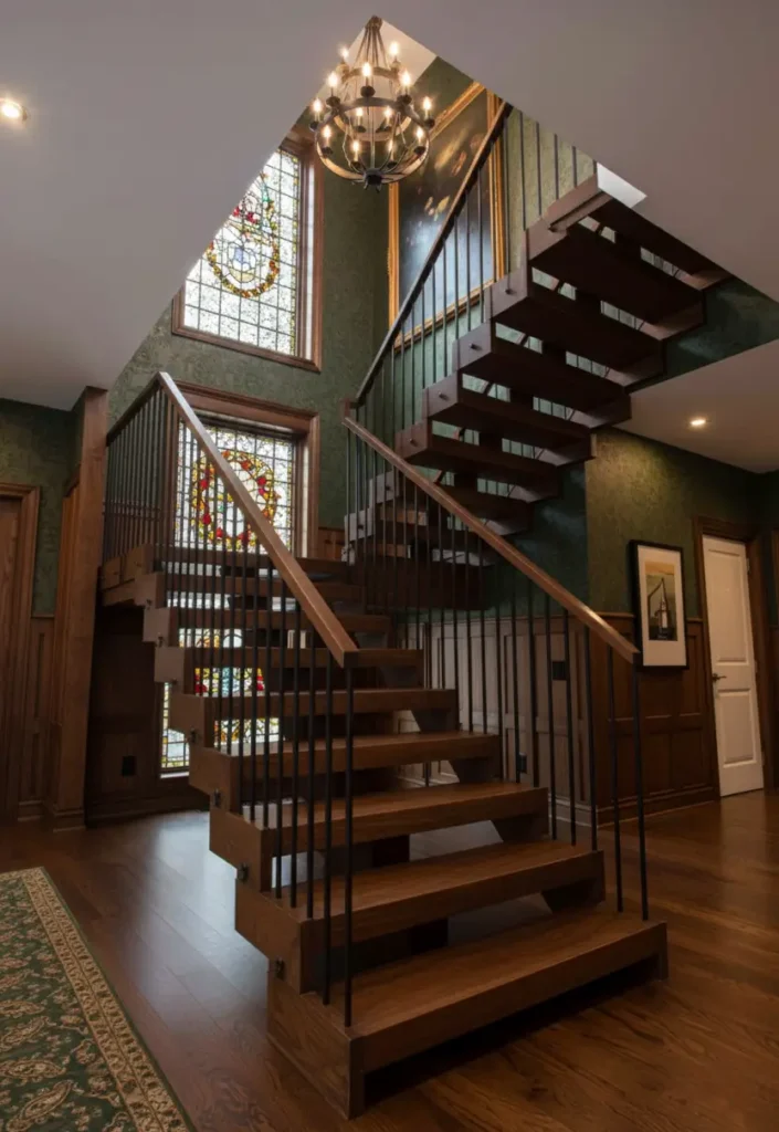 Modern Tudor Interior Design: A Definitive Guide 29 A striking modern staircase with floating wood treads set against a traditional backdrop of Tudor stained-glass windows.