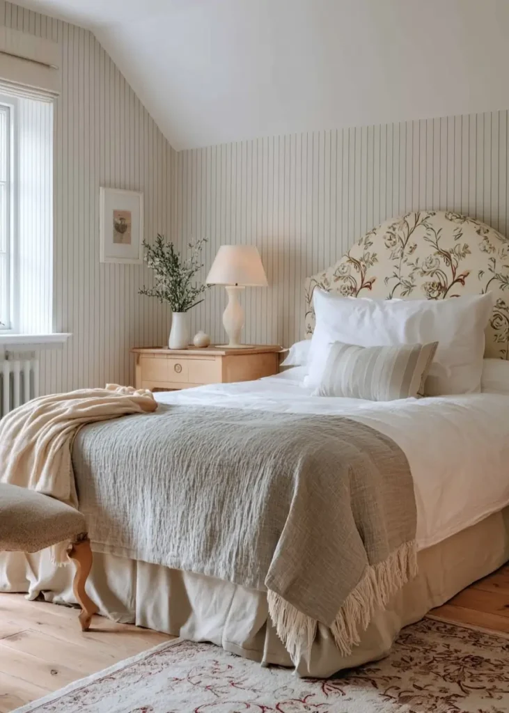 47 Scandinavian Bedroom Interior Design Ideas for a Serene Retreat 29 A Scandinavian country bedroom with pinstripe wallpaper, a floral upholstered headboard, and layered linen bedding.