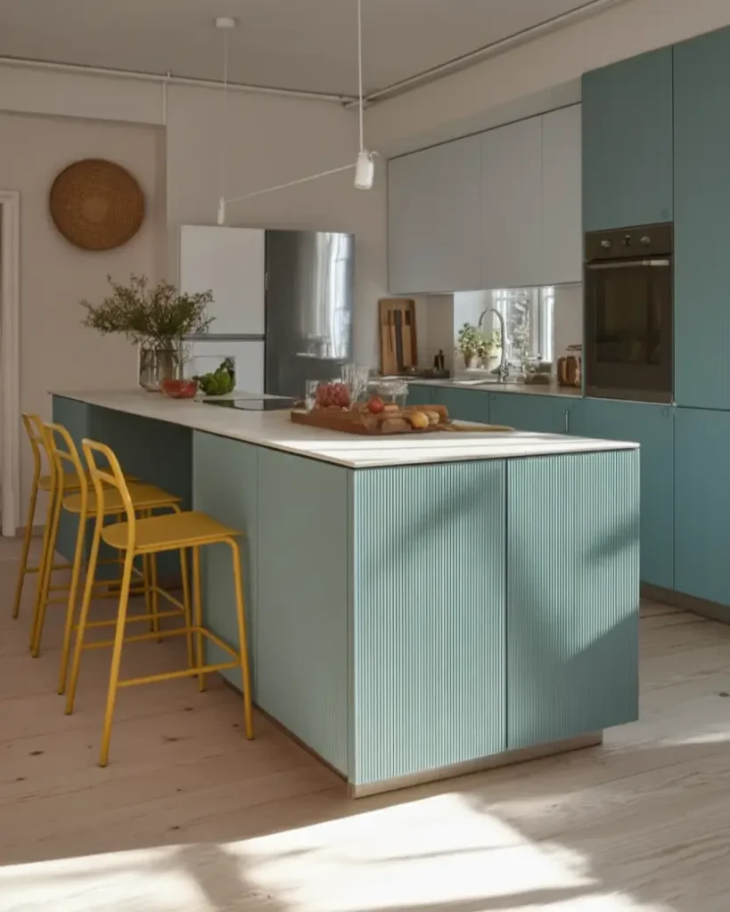 Scandinavian kitchen interior design featuring teal color blocking and yellow bar stools.