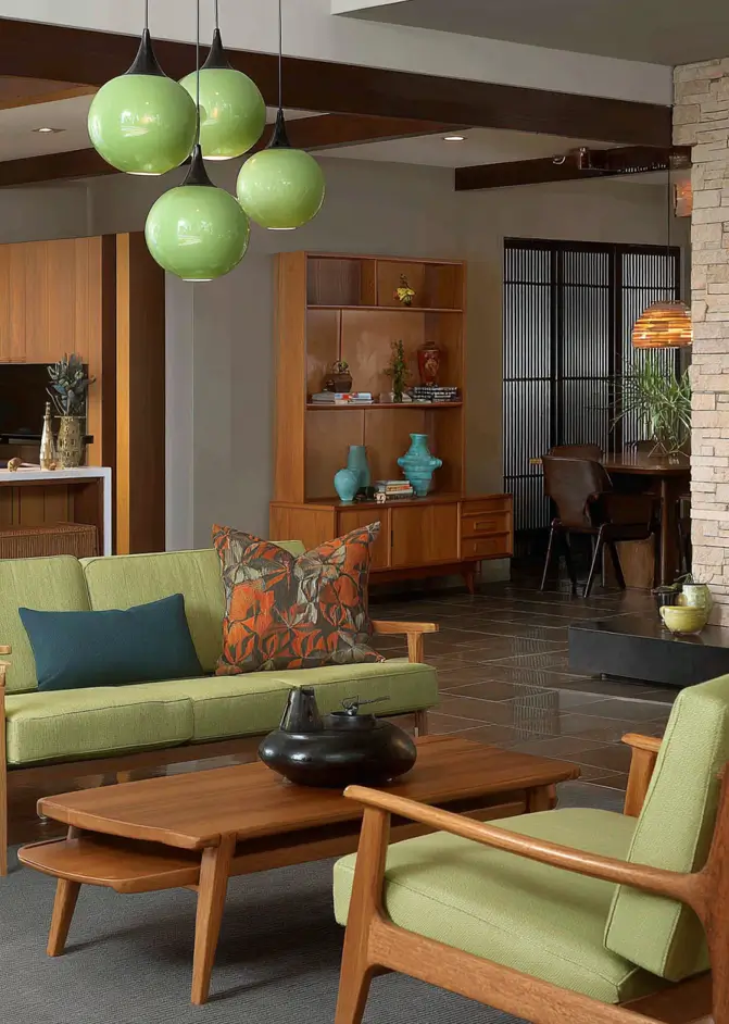 35 Scandinavian Living Room Ideas for a Cozy, Minimalist Home 29 Retro green globe pendant lights hanging above a wood coffee table in a warm Scandinavian living room.