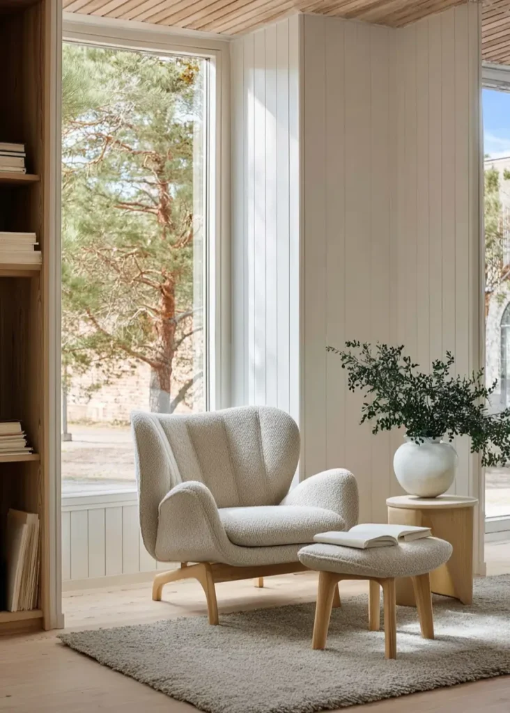 A contemporary Scandinavian reading nook featuring a white bouclé armchair and ottoman, a light wood side table, and a large window.