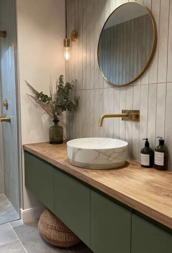 Bathroom with an earthy olive green vanity, wood countertop, and pale grey-green vertical tiles.