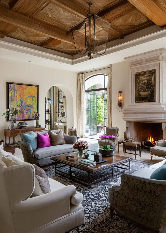 46 Modern Mediterranean Living Room Design Ideas 30 Eclectic Mediterranean living room with vibrant abstract art and fuchsia accents.