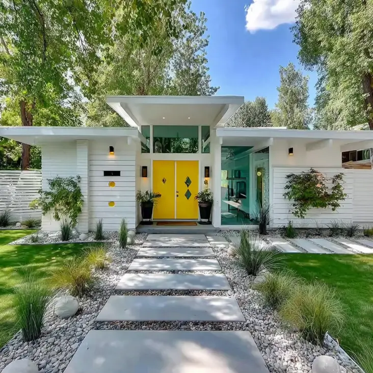 37 Mid Century Modern House Exteriors to Inspire Your Renovation 30 A symmetrical mid century modern house exterior with white siding, a raised central roofline, and bright yellow double doors.