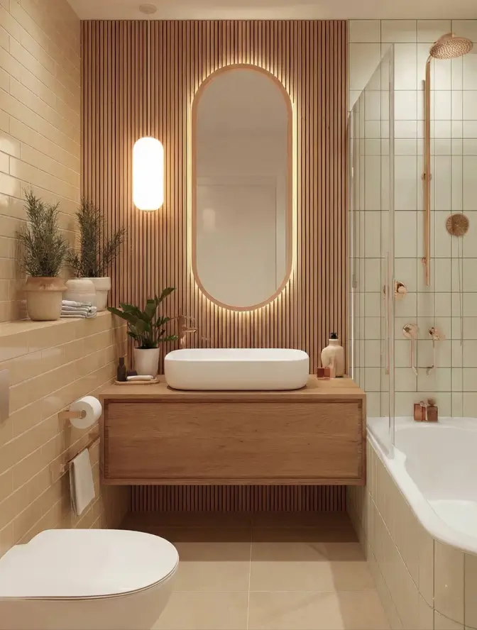 43 Mid Century Modern Small Bathroom Ideas for a Timeless Oasis (2025) 30 Backlit oval mirror on vertical wood slat wall with mint green shower tiles.