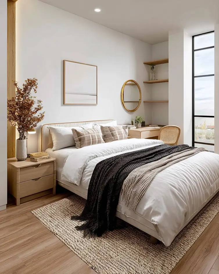 47 Scandinavian Bedroom Interior Design Ideas for a Serene Retreat 30 A minimalist Scandinavian bedroom with white walls, a light wood bed, and a large jute rug.