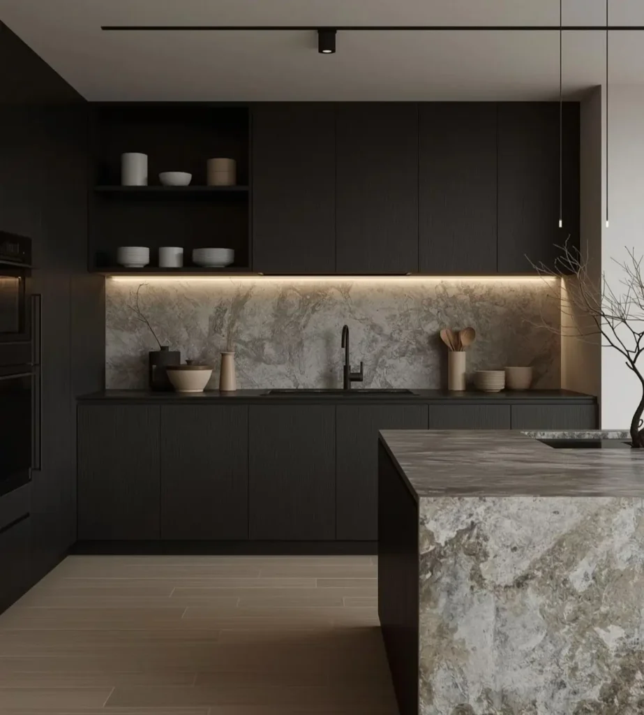 A modern Japandi kitchen with dark wood cabinets and a dramatic stone backsplash and island.