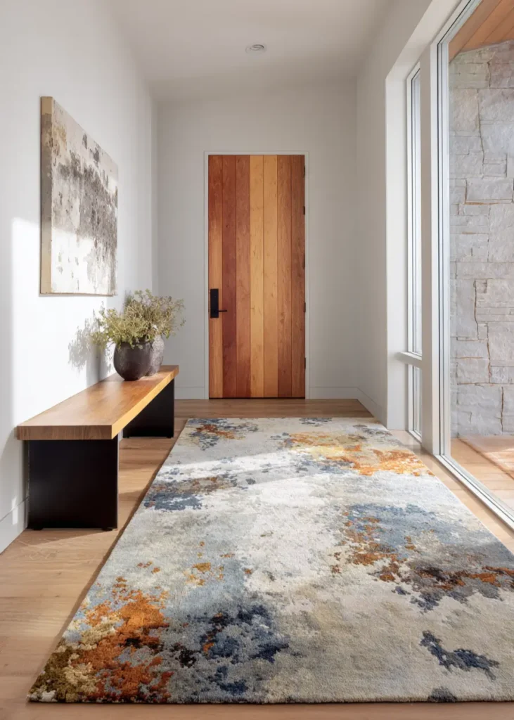 A modern ranch interior design entryway with a wood bench, abstract rug, and vertical plank door.