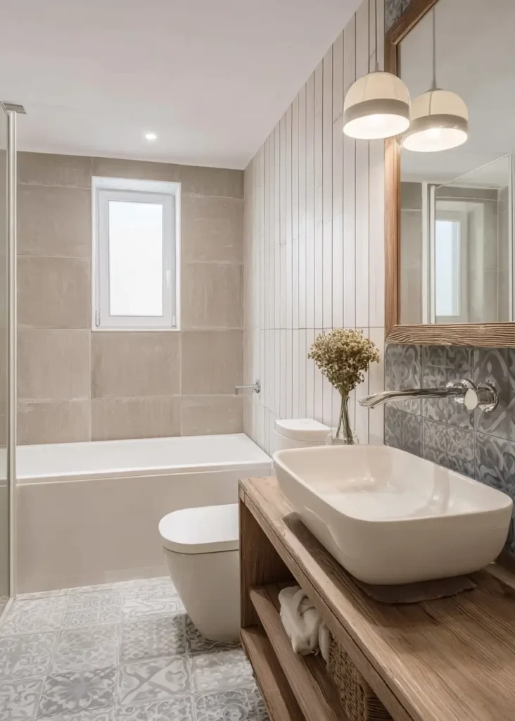 46 Scandinavian Bathroom Design Ideas for a Serene Sanctuary 30 Grey and white encaustic floor tiles with raw wood vanity and vessel sink in a modern rustic bathroom.