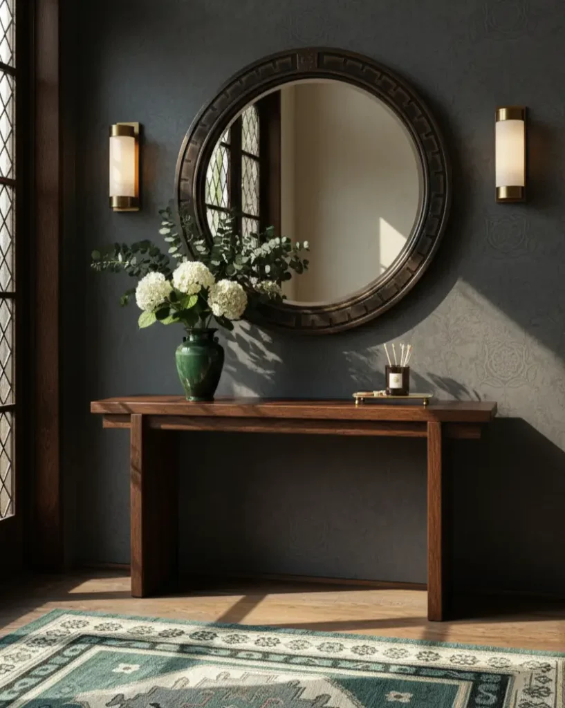 Modern Tudor Interior Design: A Definitive Guide 30 A moody Tudor entryway with a dark, carved round mirror, a leaded-glass window, and simple, modern wall sconces.