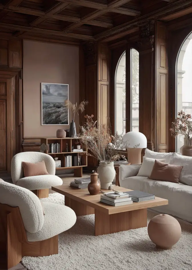 35 Scandinavian Living Room Ideas for a Cozy, Minimalist Home 30 Historic dark wood architectural details and paneling in a Scandinavian living room with modern white boucle chairs.