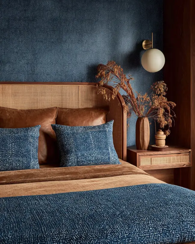 49 Headboard Design Ideas That Instantly Elevate Your Bedroom 30 Rattan and leather curved headboard with indigo blue batik pillows against dark blue patterned wallpaper.